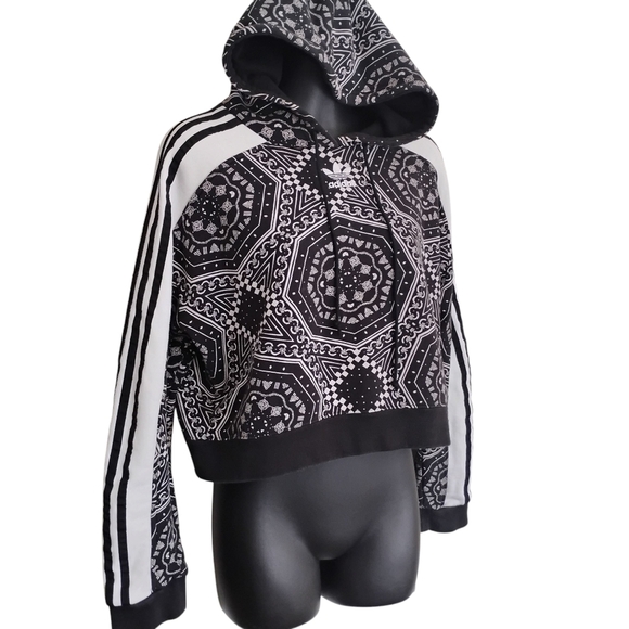 Adidas | Womens Cotton Cropped Hoodie Kaleidoscope Print Black & White | Size Sm - Picture 7 of 11
